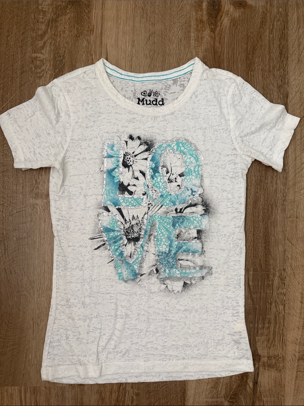 Mudd White Short Sleeve Tee with Teal LOVE Floral Graphic